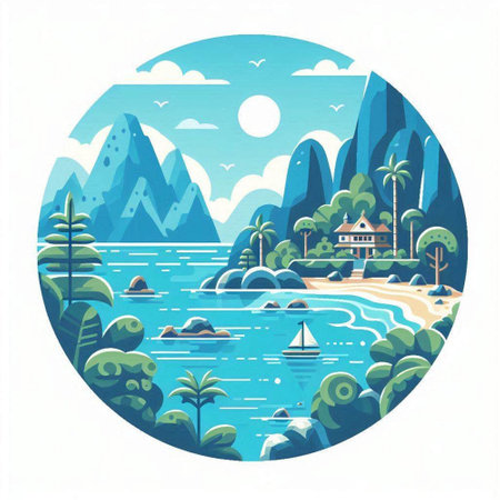 Vector illustration of a beautiful tropical island in the sea. Landscape with mountains, palm trees, bungalows and a yacht.のイラスト素材