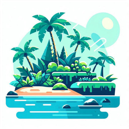 Tropical island with palm trees. Vector illustration in flat styleのイラスト素材