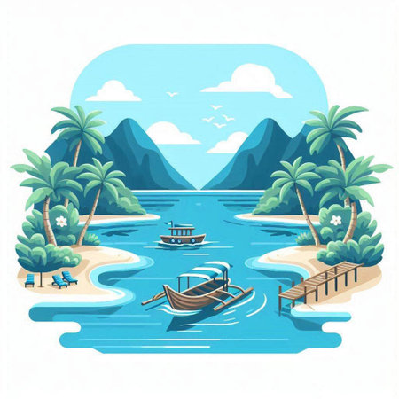 Vector illustration of tropical island with palm trees, boats and sand.のイラスト素材