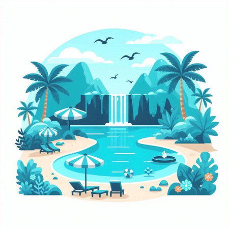 Summer landscape with swimming pool and palm trees. Vector illustration in flat styleのイラスト素材