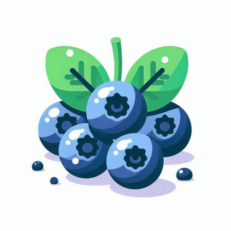 Blueberry vector illustration. Fresh ripe berry with green leaves.のイラスト素材