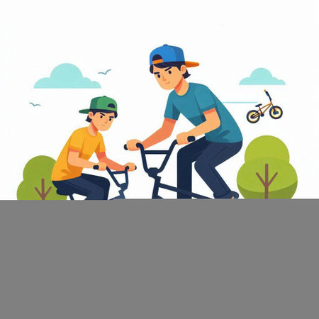 Father teaches son to ride a bicycle in the park. Flat vector illustration.のイラスト素材