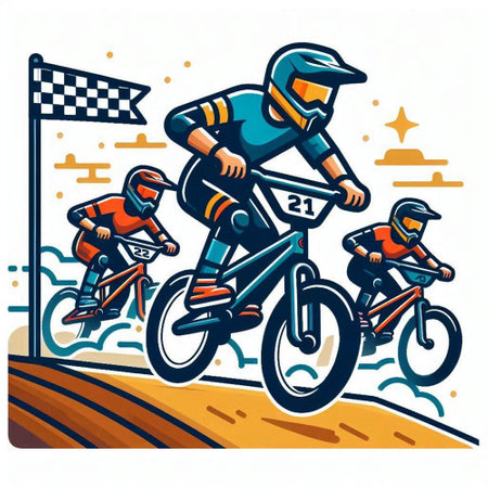 Mountain bikers on a race track. Vector illustration in cartoon style.のイラスト素材