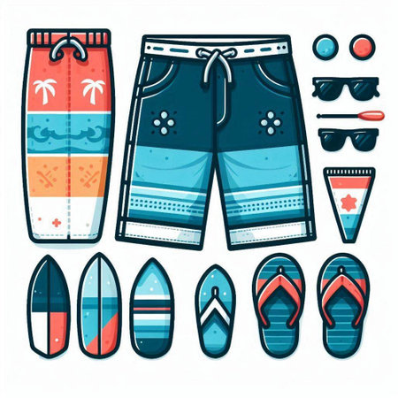 Set of summer beach elements. Flip flops, shorts, sunglasses. Vector illustrationのイラスト素材