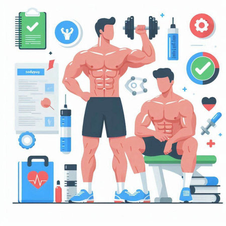 Healthy lifestyle concept with bodybuilder and fitness icons. Vector illustration in flat styleのイラスト素材