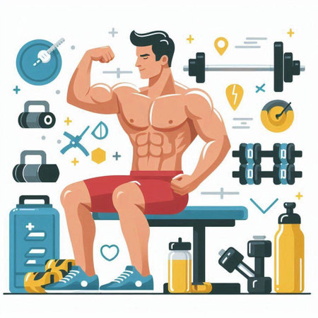 Muscular man doing exercises with dumbbells in gym. Vector illustrationのイラスト素材
