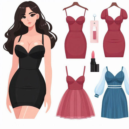 Vector illustration of a beautiful woman in a black dress. Set of clothes.のイラスト素材