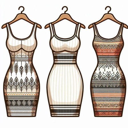 Set of vintage women's dresses on hangers. Vector illustration.のイラスト素材