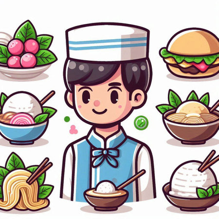 Illustration of a Set of Cartoon Chef and Different Dessertsのイラスト素材