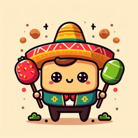 Cute cartoon mexican character with sombrero and maracasのイラスト素材