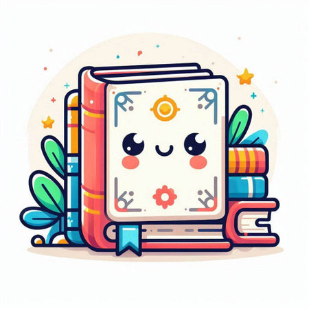 Cute happy book with stack of books. Vector cartoon illustration.のイラスト素材