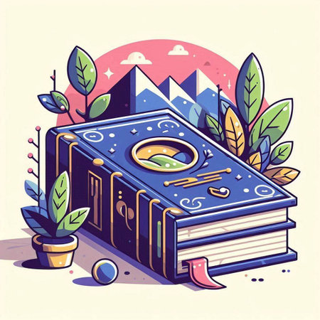 Vector illustration of a book with a magnifying glass on top of a mountain.のイラスト素材