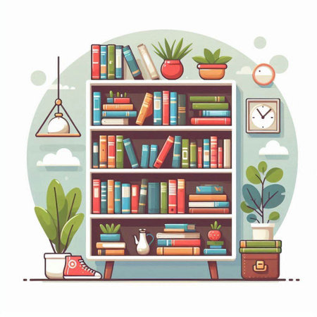 Bookshelf with books and plants. Vector illustration in flat styleのイラスト素材