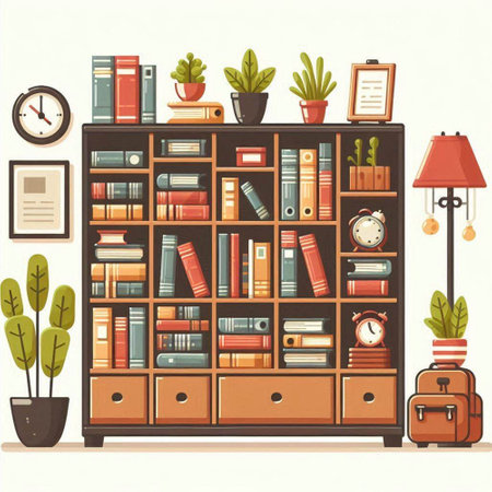 Bookshelf with books and accessories. Vector illustration in retro styleのイラスト素材