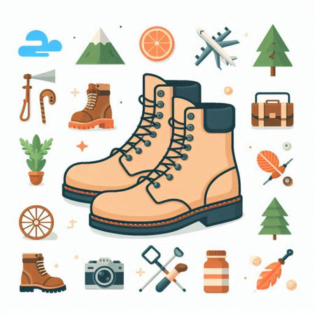 Set of hiking equipment icons. Vector illustration in flat cartoon style.のイラスト素材