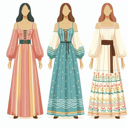 Illustration of a set of women's dresses on a white backgroundのイラスト素材