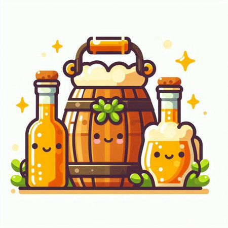 Oktoberfest beer festival celebration vector illustration. Cartoon beer barrel with smiling beer glasses and bottles.のイラスト素材