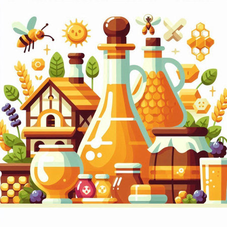 Honey and beekeeping concept. Vector flat illustration of honeycombs, bees, honey jar, honeycomb, beeswax, honeycomb, honeycomb.のイラスト素材