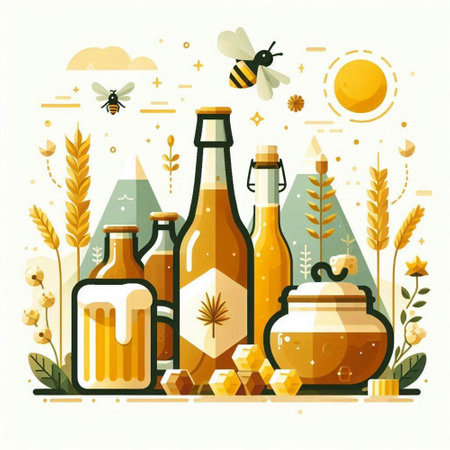 Vector illustration with different types of beer in bottles, honeycombs and honeycombs.のイラスト素材