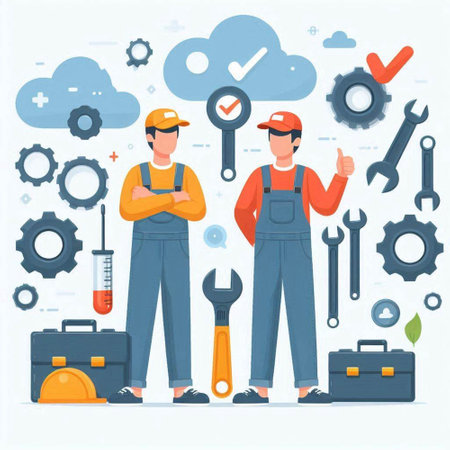 Repairman with wrench and tools in flat style. Vector illustrationのイラスト素材