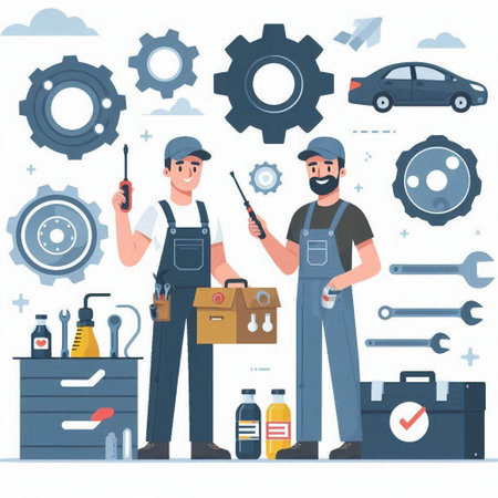 Repairman with tools and equipment. Vector illustration in flat styleのイラスト素材