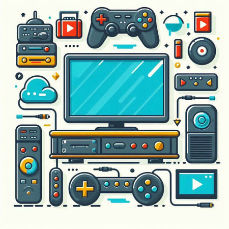 Vector illustration of flat line art video game elements. Video game console, joystick, gamepad, video player and other elements.のイラスト素材