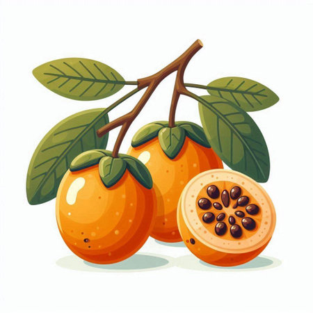 Ripe persimmon fruits isolated on white background. Vector illustration.のイラスト素材