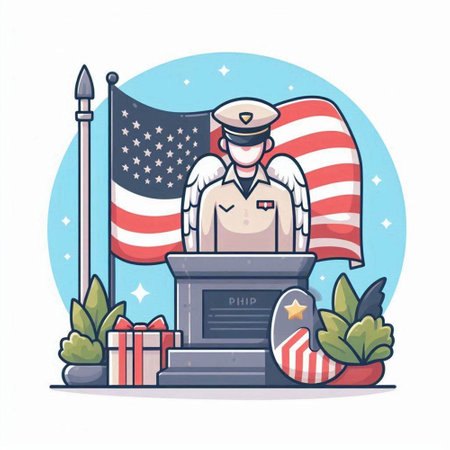 Veterans Day. Flat style vector illustration. American flag and soldier.のイラスト素材