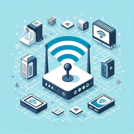 Wireless internet connection isometric concept with wifi router and wi fi router on blue background vector illustrationのイラスト素材