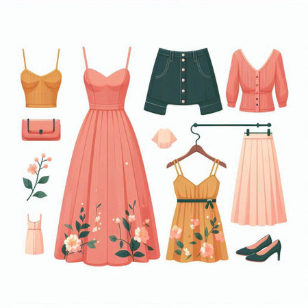 Women's clothing and accessories set. Vector illustration in cartoon style.のイラスト素材