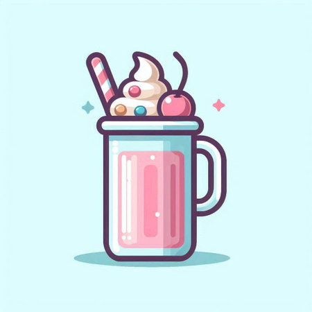 Milkshake with whipped cream and cherry in a glass. Vector illustration.のイラスト素材