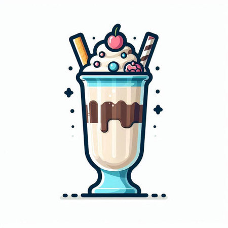 Milkshake with whipped cream, cherry, ice cream and wafer sticks in a glass. Vector illustration.のイラスト素材