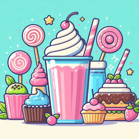 Colorful vector illustration of milkshake with candies and cakesのイラスト素材