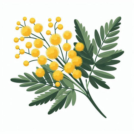 Mimosa branch with yellow flowers on white background. Vector illustration.のイラスト素材