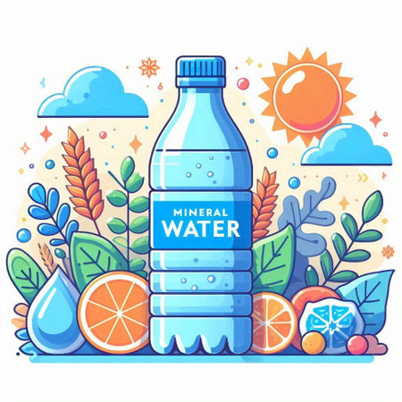 Vector illustration of a bottle of water with a lettering. The concept of healthy food.のイラスト素材