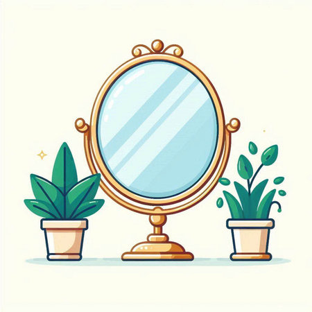 Mirror and potted plants on white background. Vector illustration.のイラスト素材