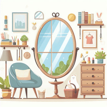 Vector illustration of a living room interior with a mirror, armchair, bookshelf, table, lamp and other items.のイラスト素材