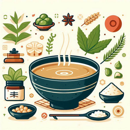 Japanese cuisine. Vector illustration of miso soup in bowl and ingredients.のイラスト素材