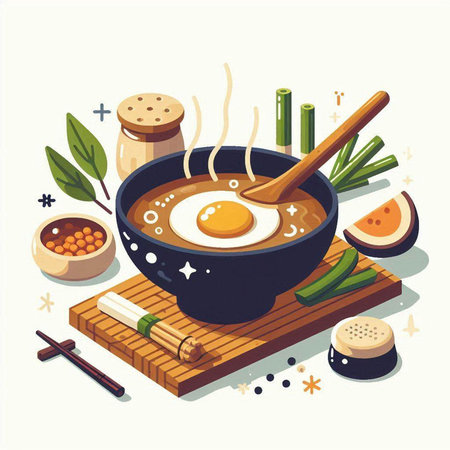 Korean cuisine isometric vector illustration. Fried egg in a bowl with chopsticks and ingredients.のイラスト素材