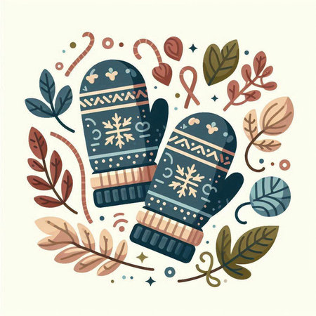 Winter hand drawn vector illustration with knitted mittens and leaves.のイラスト素材