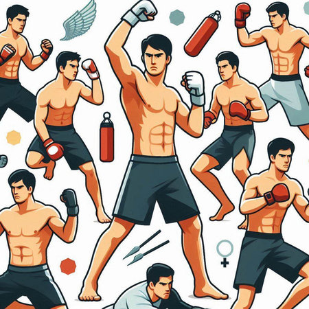 Seamless pattern with cartoon boxer. Vector illustration for sports designのイラスト素材