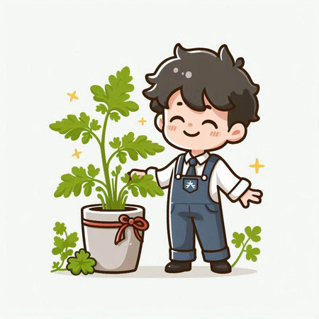 Little boy and plant in pot on white background. Vector illustration.のイラスト素材