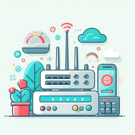 Vector illustration of internet technology concept in flat line style. Internet connection, wireless router, smart phone and cloud computing.のイラスト素材