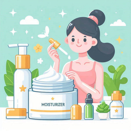 Vector illustration of a woman applying moisturizer cream on her face.のイラスト素材