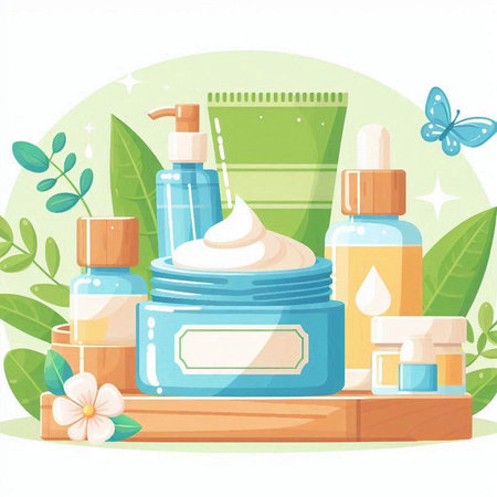 Vector illustration of cosmetic products on a wooden shelf with plants and flowersのイラスト素材