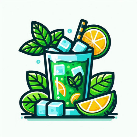 Cocktail with lime, mint and ice. Vector illustration.のイラスト素材