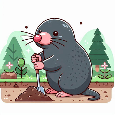 Vector illustration of a mole digging the ground with shovel in the gardenのイラスト素材
