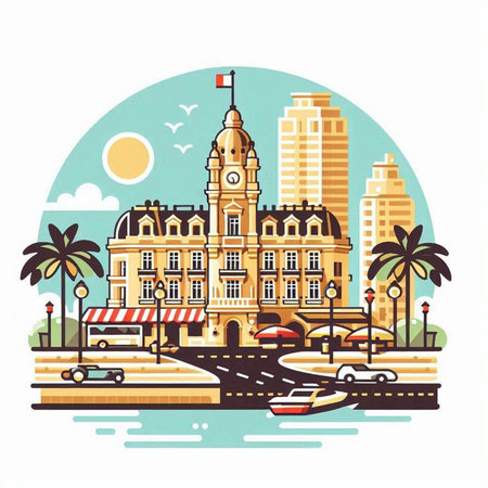 Cityscape of Barcelona, Spain. Vector illustration in flat style.のイラスト素材