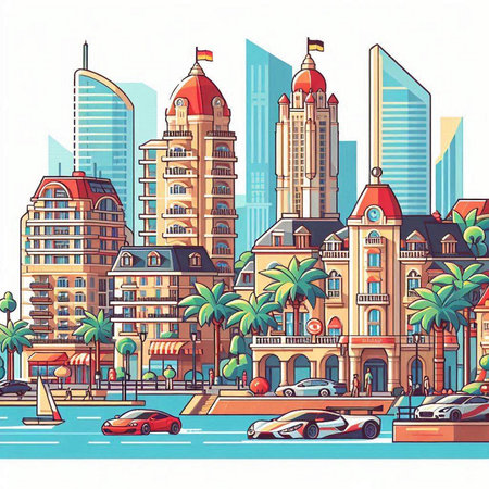 Cityscape with buildings, skyscrapers and palm trees. Vector illustration.のイラスト素材