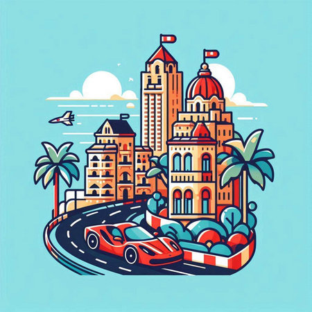 Vector illustration of a city street with cars on the road, palm trees and buildingsのイラスト素材